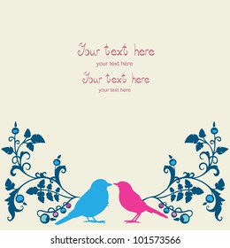 Birds couple in love postcard with floral ornate background. Can be used for valentine card, wedding invitation, greeting card.