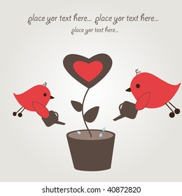 Birds couple and love tree. Vector.