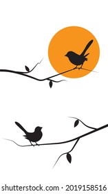 Birds couple on branch on sunset, vector. Birds silhouettes in love, illustration. Wall decals isolated on white background. Wall art, artwork, natural background