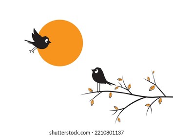 Birds couple on branch on sunset, vector. Fun cartoon art design. Minimalist poster design isolated on white background. Scandinavian design. Wall Decals, Art Decor, Birds Silhouettes illustration