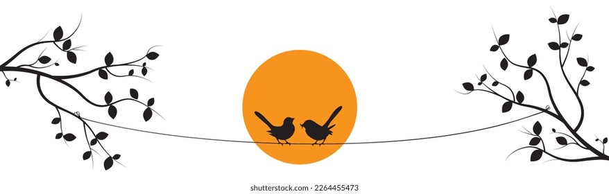 Birds couple on branch on sunset isolated on white background, vector. Two birds silhouette on branch, vector. Bird silhouette, illustration. Minimalist art design