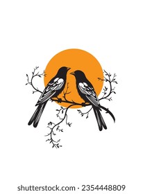Birds couple on branch on sunset isolated on white background, vector. Two birds silhouette on branch, vector. Bird silhouette, illustration. Minimalist art design