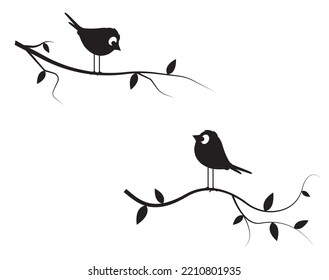 Birds couple on branch, vector. Fun cartoon art design. Minimalist poster design isolated on white background. Black and white art design. Wall Decals, Art Decor, Birds Silhouettes illustration