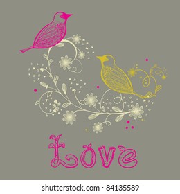 Birds couple on the flower branch, hand drawn vector illustration