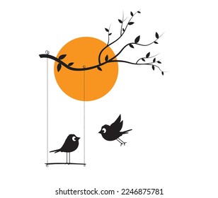 Birds couple on swing on branch on sunset, vector. Fun cartoon art design. Minimalist poster design isolated on white background. Wall Decal, Art Decor, Bird Silhouette illustration