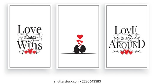 Birds couple on wire and hearts illustration, vector. Cute cartoon illustration. Birds silhouettes illustration isolated on white background. Wall art, artwork, wall decals