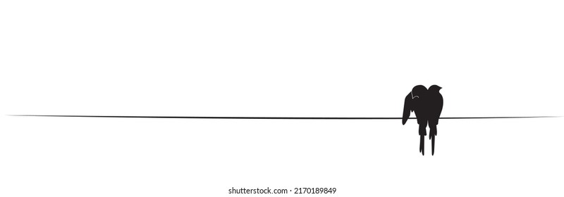 Birds couple on wire, vector. Minimalist black and white art design. Birds silhouettes on wire isolated on white background, illustration. Wall decals, artwork