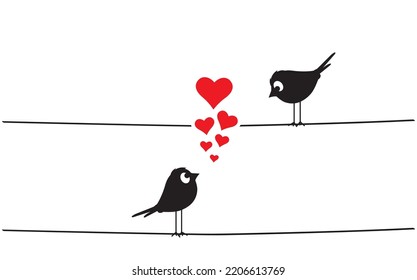 Birds couple on wire, vector. Fun cartoon art design. Minimalist poster design isolated on white background. Scandinavian design. Wall Decals, Art Decor, Birds Silhouettes in love illustration.
