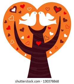 Birds couple in a orange heart tree isolated on white