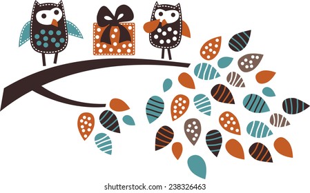 Birds couple present gift Isolated objects on the empty white background. Color vector illustration.