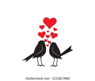 Birds couple silhouette and hearts vector. Birds in love, illustration. Wall decals, cartoon art design, art decoration. Wall decor, birds silhouette on branch isolated on white background, romantic