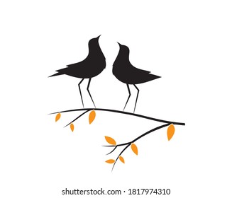 Birds couple silhouette on branch, vector. Birds in love, illustration. Wall decals, artwork, Wall art. Two birds on three isolated on white background. Romantic minimalist poster design