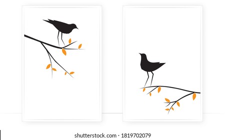 Birds couple silhouette on branch, vector. Birds in love, illustration. Wall decals, artwork, Wall art. Two birds on three isolated on white background. Two pieces minimalist poster design