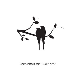 Birds Couple Silhouette on Branch Vector, Birds in love Silhouette, Wall Decals, Couple of Birds in Love, Art Decoration, Wall Decor, Birds Silhouette on branch isolated on white background, romantic