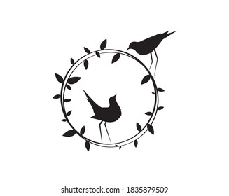 Birds Couple Silhouette on Branch Vector, Birds in love Silhouette, Wall Decals, Couple of Birds in Love, Art Decoration, Wall Decor, Birds Silhouette on branch isolated on white background, romantic