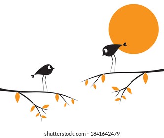 Birds couple silhouette on branch on sunset, vector. Birds in love, cartoon illustration. Wall decals, art decoration, wall artwork. Cute birds on branch isolated on white background, romantic