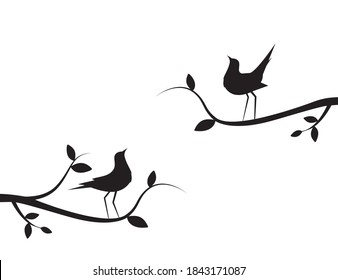 Birds couple silhouette on branch on sunset, vector. Birds in love, cartoon illustration. Wall decals, art decoration, wall artwork. Birds on branch isolated on white background, romantic