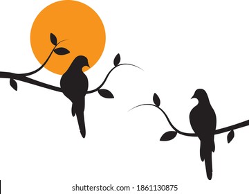 Birds couple silhouette on branch on sunset, Vector. Wall decals, couple of birds in love, art decoration, wall decor. Birds Silhouette on branch isolated on white background, romantic