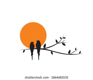 Birds couple silhouette on branch on sunset, vector. Birds in love, illustration. Wall decals, art decoration, wall artwork. Birds silhouette on branch isolated on white background, romantic