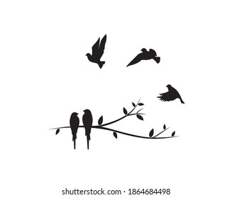 Birds couple silhouette on a branch and flying birds flock, vector. Birds in love, illustration. Wall decals, art decoration, wall artwork. Birds silhouette on branch isolated on white background