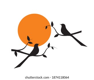 Birds couple silhouette on branch on sunset, vector. Birds in love, illustration. Wall decals, art decoration, wall artwork. Birds silhouette on branch isolated on white background, romantic