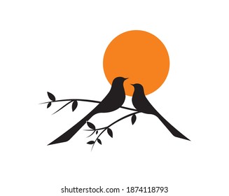 Birds couple silhouette on branch on sunset, vector. Birds in love, illustration. Wall decals, art decoration, wall artwork. Birds silhouette on branch isolated on white background, romantic