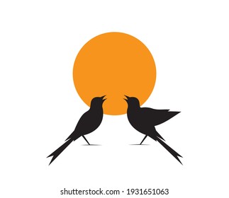 Birds couple silhouette on branch on sunset, vector. Wall decals, birds couple in cove, Art Decoration, Wall Decor, Birds Silhouette on branch isolated on white background, romantic
