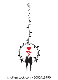 Birds Couple Silhouette on Branch Vector, Birds in love Silhouette, Wall Decals, Couple of Birds in Love, Art Decoration, Wall Decor, Birds Silhouette on branch isolated on white background, romantic