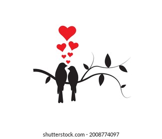 Birds Couple Silhouette on Branch Vector, Birds in love Silhouette, Wall Decals, Couple of Birds in Love, Art Decoration, Wall Decor, Birds Silhouette on branch isolated on white background, romantic