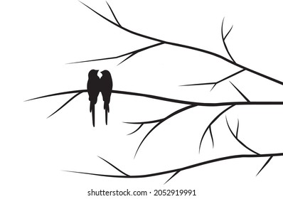 Birds Couple Silhouette on Branch Vector, Birds in love Silhouette, Wall Decals, Couple of Birds in Love, Art Decoration, Wall Decor, Birds Silhouette on branch isolated on white background, romantic