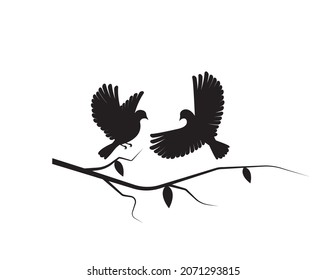 Birds Couple Silhouette on Branch Vector, Birds in love Silhouette, Wall Decals, Couple of Birds in Love, Art Decoration, Wall Decor, Birds Silhouette on branch isolated on white background, romantic
