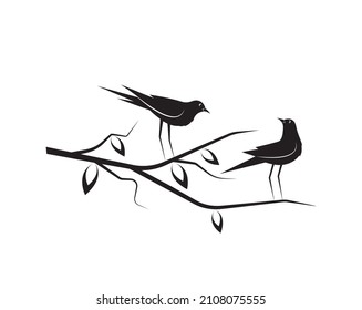 Birds Couple Silhouette On Branch Vector. Birds Silhouettes, Wall Decals. Art Decoration, Wall Decor. Birds Silhouettes On Branch Isolated On White Background, Illustration