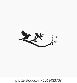 Birds Couple Silhouette on Branch Vector, Birds in love Silhouette, Wall Decals, Couple of Birds in Love, Art Decoration, Wall, Birds Silhouette on branch isolated on white background, romantic