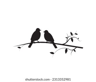 Birds Couple Silhouette on Branch Vector, Birds in love Silhouette. Wall Decals, Couple of Birds in Love. Art Decoration, Wall Decor. Birds Silhouette on branch isolated on white background, romantic