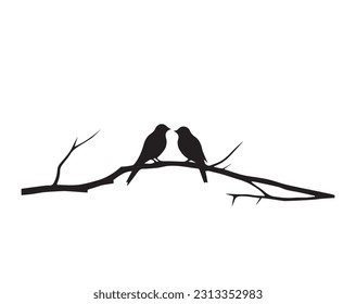 Birds Couple Silhouette on Branch Vector, Birds in love Silhouette. Wall Decals, Couple of Birds in Love. Art Decoration, Wall Decor. Birds Silhouette on branch isolated on white background, romantic