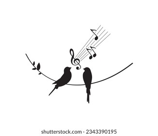 Pájaros Pareja Silhouette en la rama cantando, Vector. Aves enamoradas Silhouette, Paredes Decoradas, Decoración Art Deco, Pared, Silhouette de pájaros sobre una rama aislada de fondo blanco, romántico