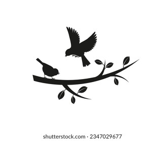 Birds couple silhouette on branch  isolated on white background, vector.  Minimalist black and white art design. Birds Silhouette on branch, romantic