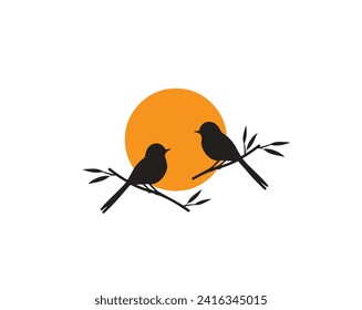 Birds couple silhouette on branch on sunset, vector. Birds in love silhouette. Wall decals, birds in love, art decoration, wall decor. Birds silhouette on branch isolated on white background