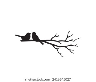 Birds couple silhouette on branch, vector. Birds in love silhouette. Wall decals, birds in love, art decoration, wall decor. Birds silhouette on branch isolated on white background