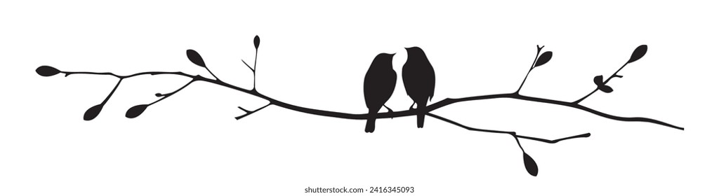 Birds couple silhouette on branch, vector. Birds in love silhouette. Wall decals, birds in love, art decoration, wall decor. Birds silhouette on branch isolated on white background