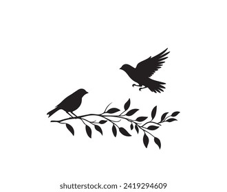 Pájaros juntan silueta en rama, vector. Aves con silueta de amor. Decoración mural, pájaros enamorados, decoración artística, decoración mural. Silueta de pájaros sobre una rama aislada sobre fondo blanco