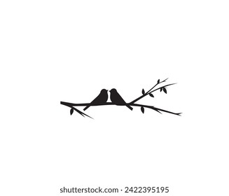 Birds couple silhouette on branch, vector. Birds in love silhouette. Wall decals, birds in love, art decoration, wall decor. Birds silhouette on branch isolated on white background