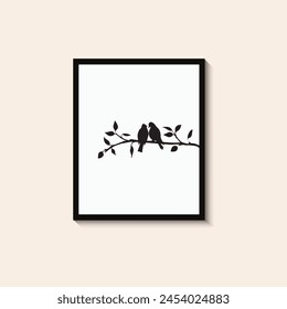 Birds Couple Silhouette on Branch Vector, Birds in love Silhouette, Wall Decals, Couple of Birds in Love, Art Decoration, Wall Decor, Birds Silhouette on branch isolated on white background, romantic