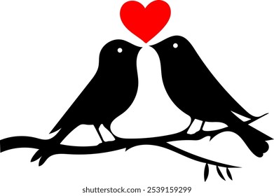 Birds Couple Silhouette on Branch Vector, Birds in love Silhouette, Birds Silhouette on branch isolated on white background