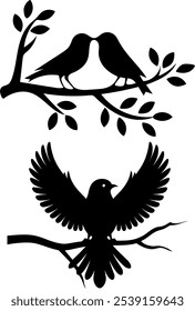 Birds Couple Silhouette on Branch Vector, Birds in love Silhouette, Birds Silhouette on branch isolated on white background