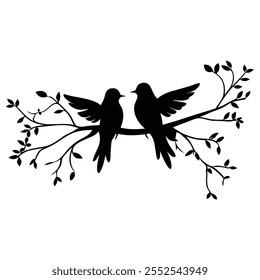 Birds Couple Silhouette on Branch: Vector Illustration
