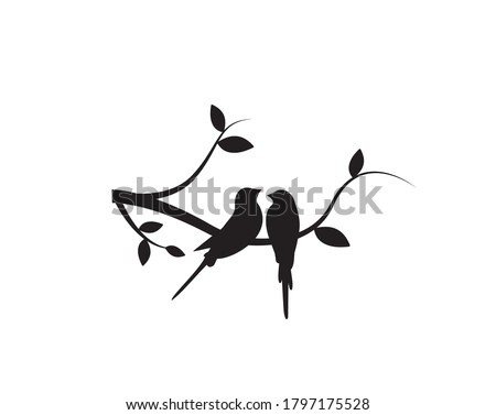 Birds Couple Silhouette on Branch Vector, Birds in love Silhouette, Wall Decals, Couple of Birds in Love, Art Decoration, Wall Decor, Birds Silhouette on branch isolated on white background, romantic 商業照片 © 
