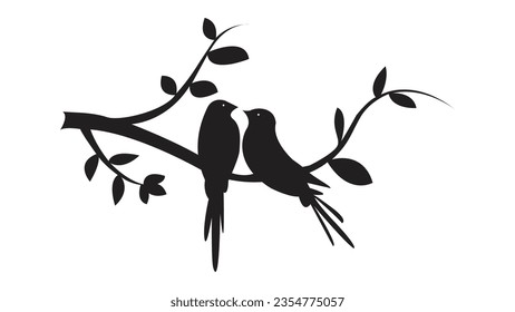 Birds Couple Silhouette on tree Vector, Wall Decals, Couple of Birds in Love, Art Decoration, Wall Décor, Birds Silhouette on tree isolated on white background, romantic vector illustration. 