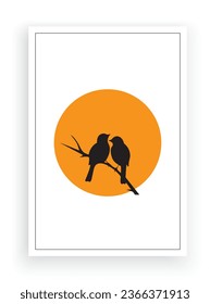 Birds couple silhouette on tree on sunset, vector. Bird on branch illustration isolated on white background. Minimalist art design