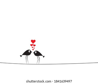 Birds couple silhouette on wire Vector. Birds in love, cartoon illustration. Cute wall decals, art decoration, wall artwork, birds silhouettes on wire isolated on white background, romantic